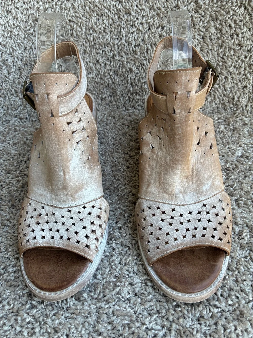 Roan by Bed|Stu Christine P Distressed Tan Laser-Cut Slingback Heels size 8.5